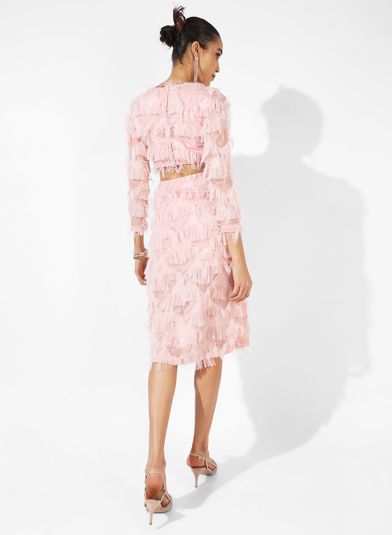 Campus Sutra Women's Pastel Pink Cutout Fringe Dress For Casual Wear | Long Sleeve | Midi Length | Crew Neck Dress Crafted With Comfort Fit And High Performance For Everyday Wear - Image 5